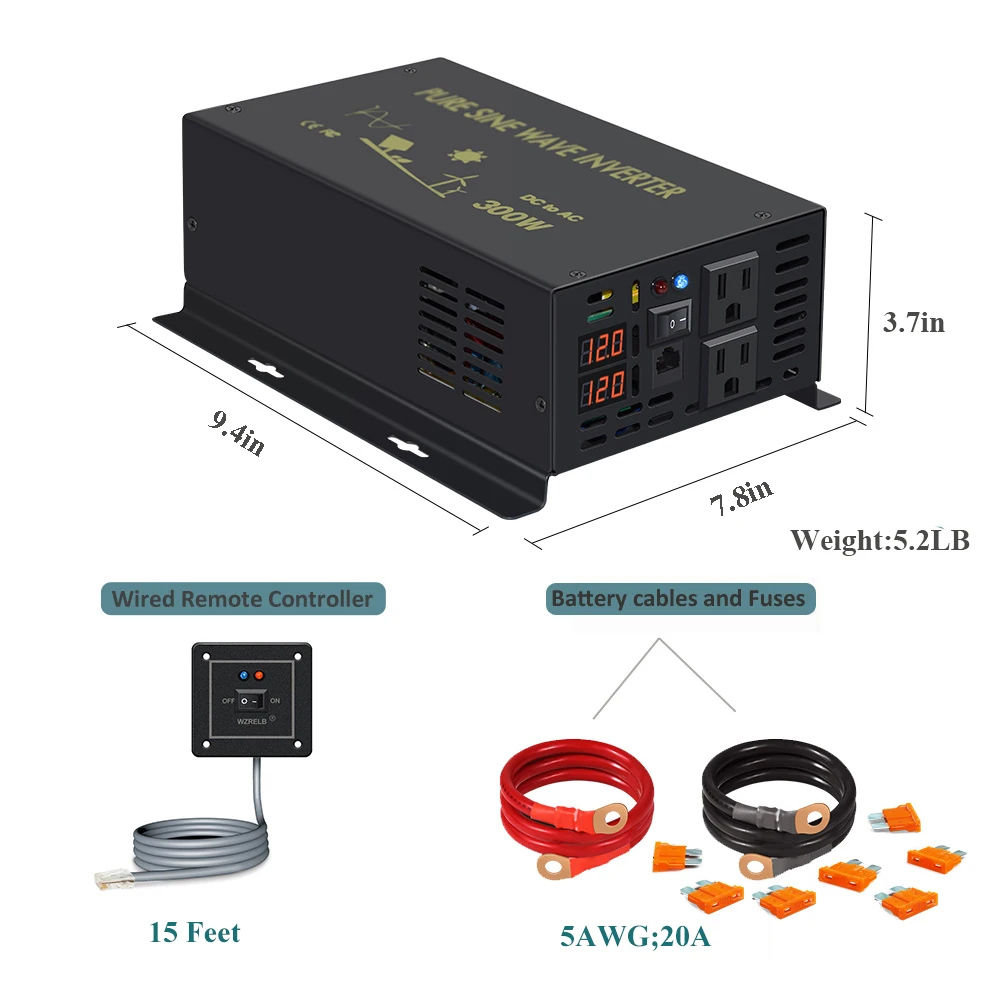 300W Car Pure Sine Wave Inverter 12V 220V Voltage Transformer  24V 48V 96V DC to 230V AC Power Supply With Wired remote control