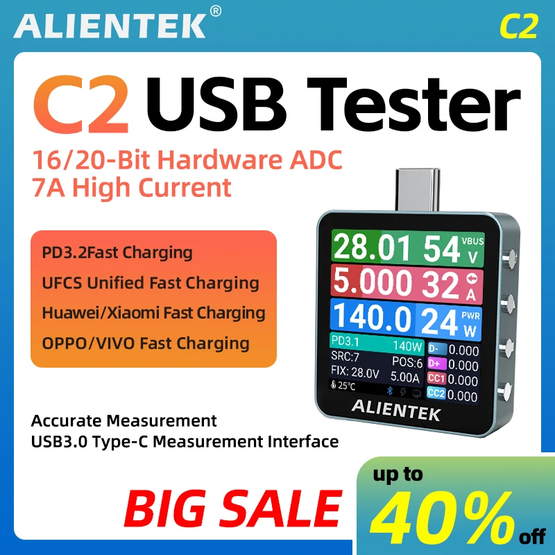 ALIENTEK USB Tester C2 Battery Tester PD3.2 Charging Power Detector Digital Voltmeter Fast Charge Detection Trigger