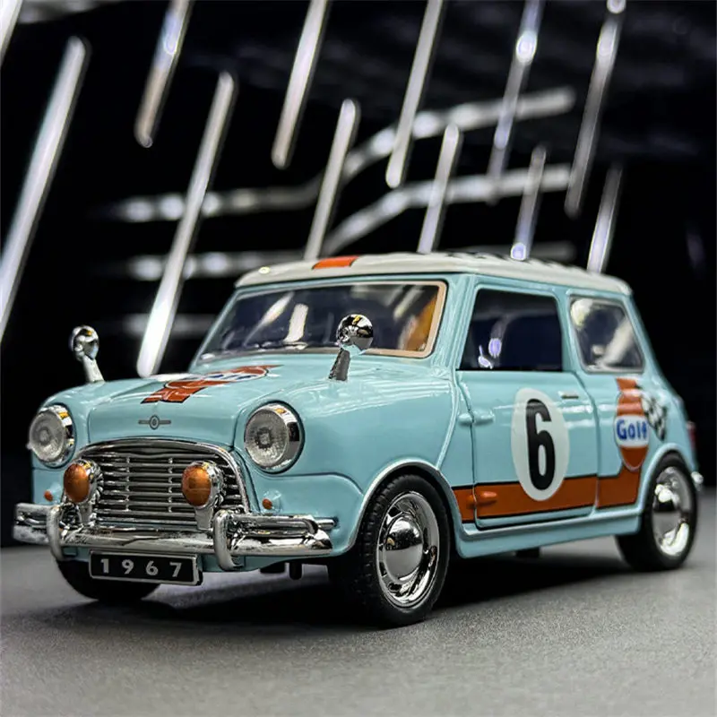 Modelo de Auto Deportivo Clásico de Carreras Morris Mini Cooper S de Aleación a Escala 1:32, Modelo de Auto de Metal Fundido a Presión, con Sonido y Luz, Juguete para Niños, Regalo