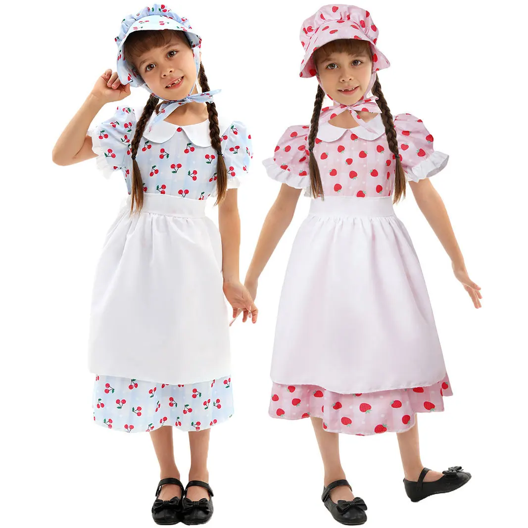Disfraz de pionero Umorden para niñas, conjunto de vestido de pradera Colonial americana con estampado de fresa rosa cereza Kawaii para niños