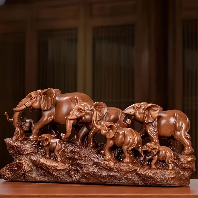 Chinese Feng Shui Lucky Solid Wood Elephants Herd Statue Retro Auspicious Animals Carving Living Room Office Ornament Home Decor