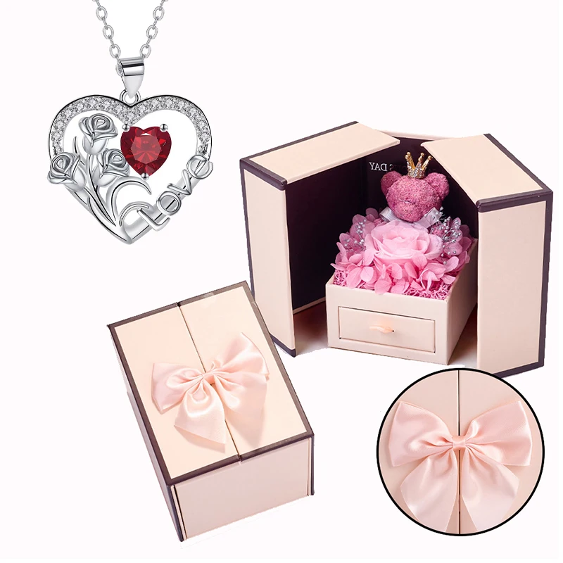

Copper Heart Zircon Pendant Necklaces With Cute Bear Rose Flower Gift Box New Christmas Friends Birthday Valentine Gifts