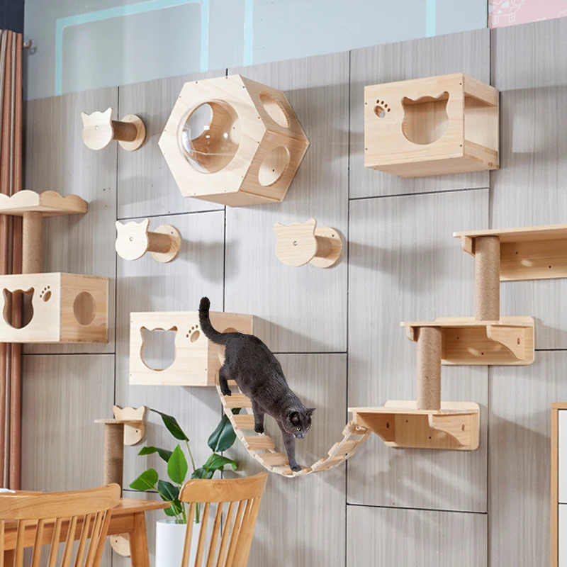 

TXT Cat Wall Climbing Shelf Four Step Stairway Scratching Post Bed Hiding House For Indoor Cats Tree Tower Pet Furniture Accesso