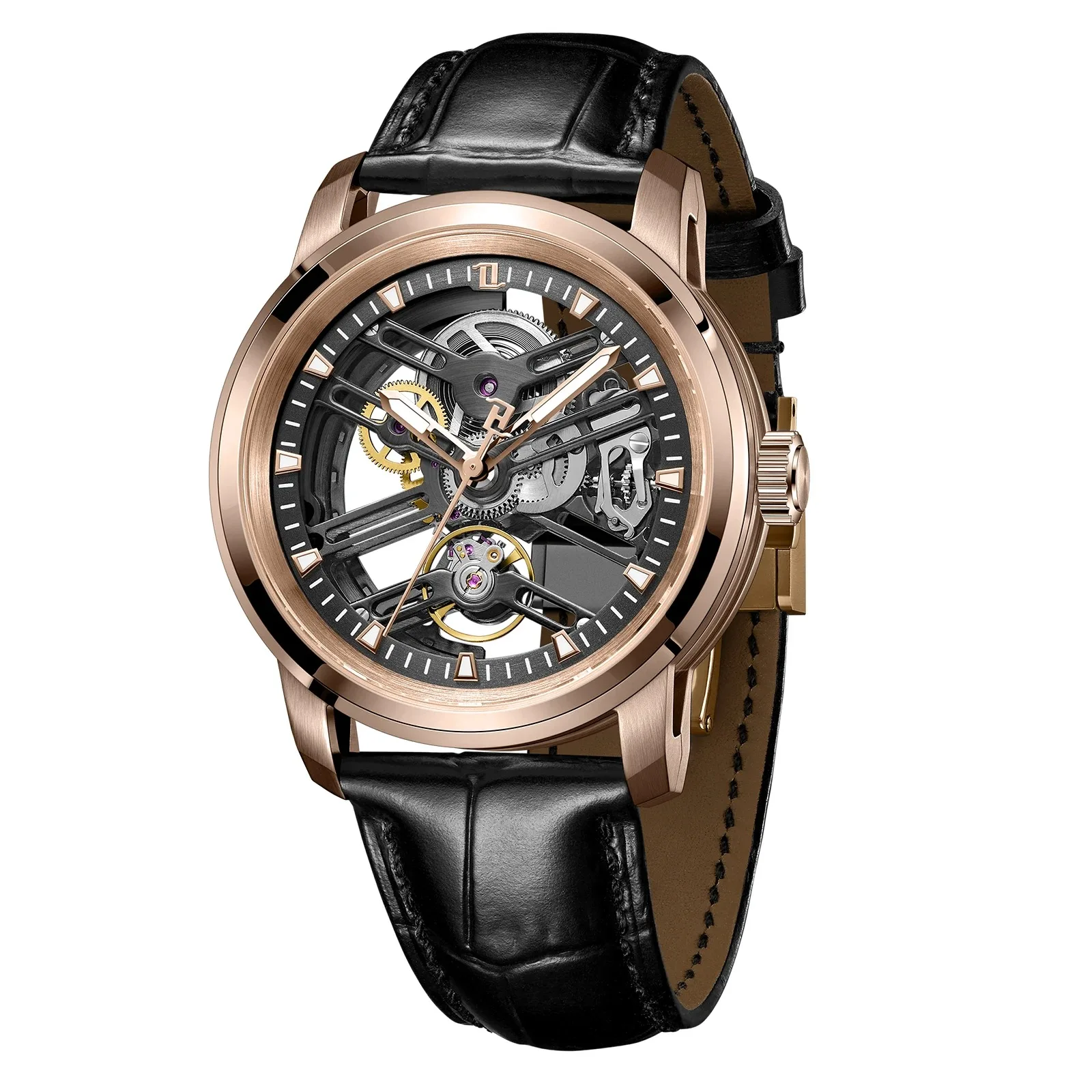 OBLVLO Mens Automatic Watches 42mm Luxury Mechanical Wristwatch Skeleton Dial Sapphire 50M Waterproof Luminous Calfskin Strap