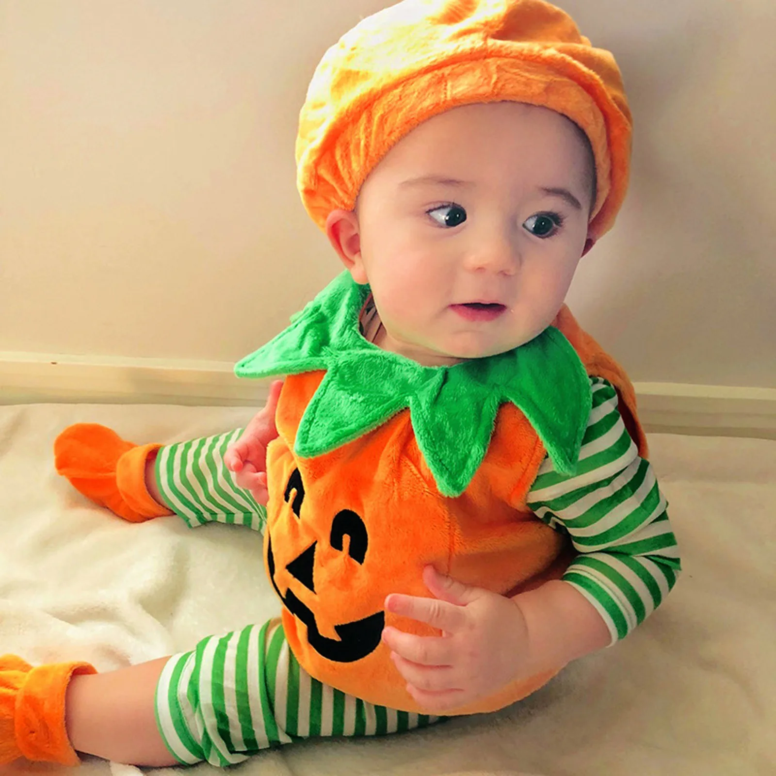 

Halloween long-sleeved pumpkin shape hooded triangle climbing dress three-piece baby party dress 2025 new children's jumpsuit