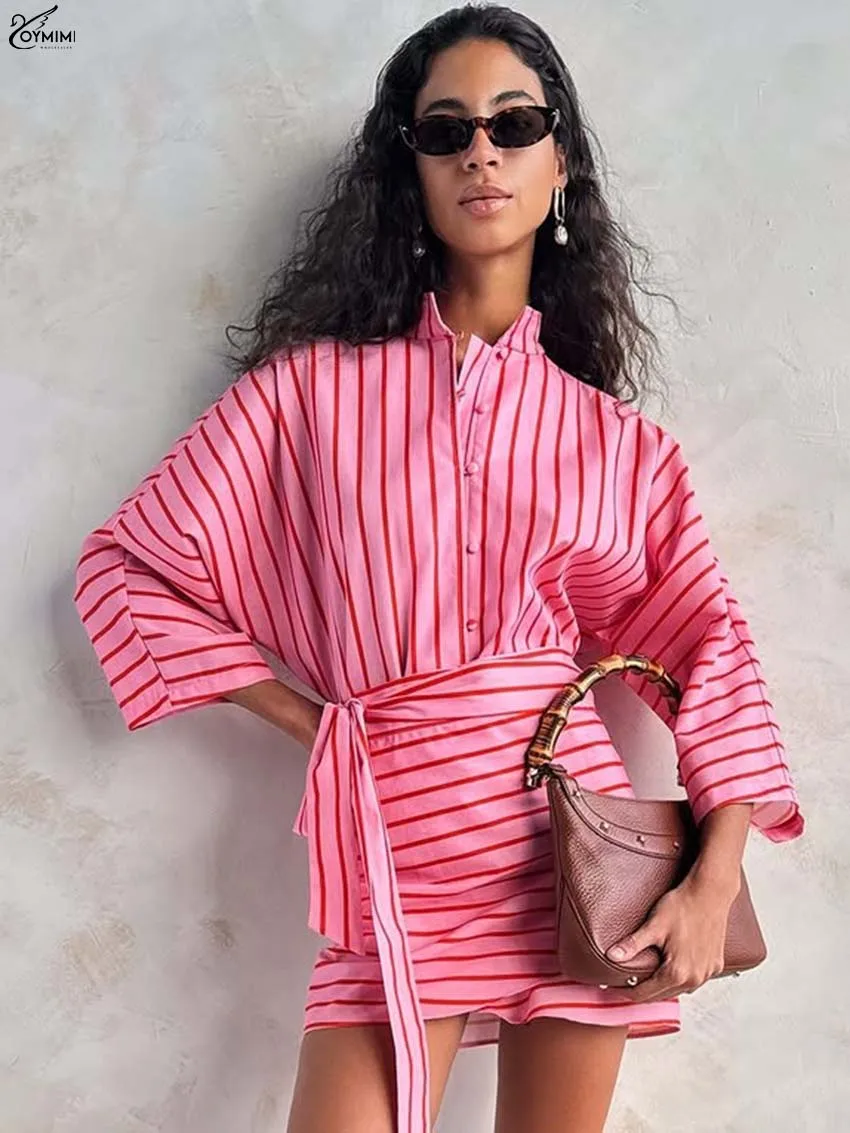 Oymimi Fashion Pink Print 2 Pieces Set For Woman Elegant Wrist Sleeve Button Shirts And Lace-Up Straight Mini Skirts Female Sets view 3