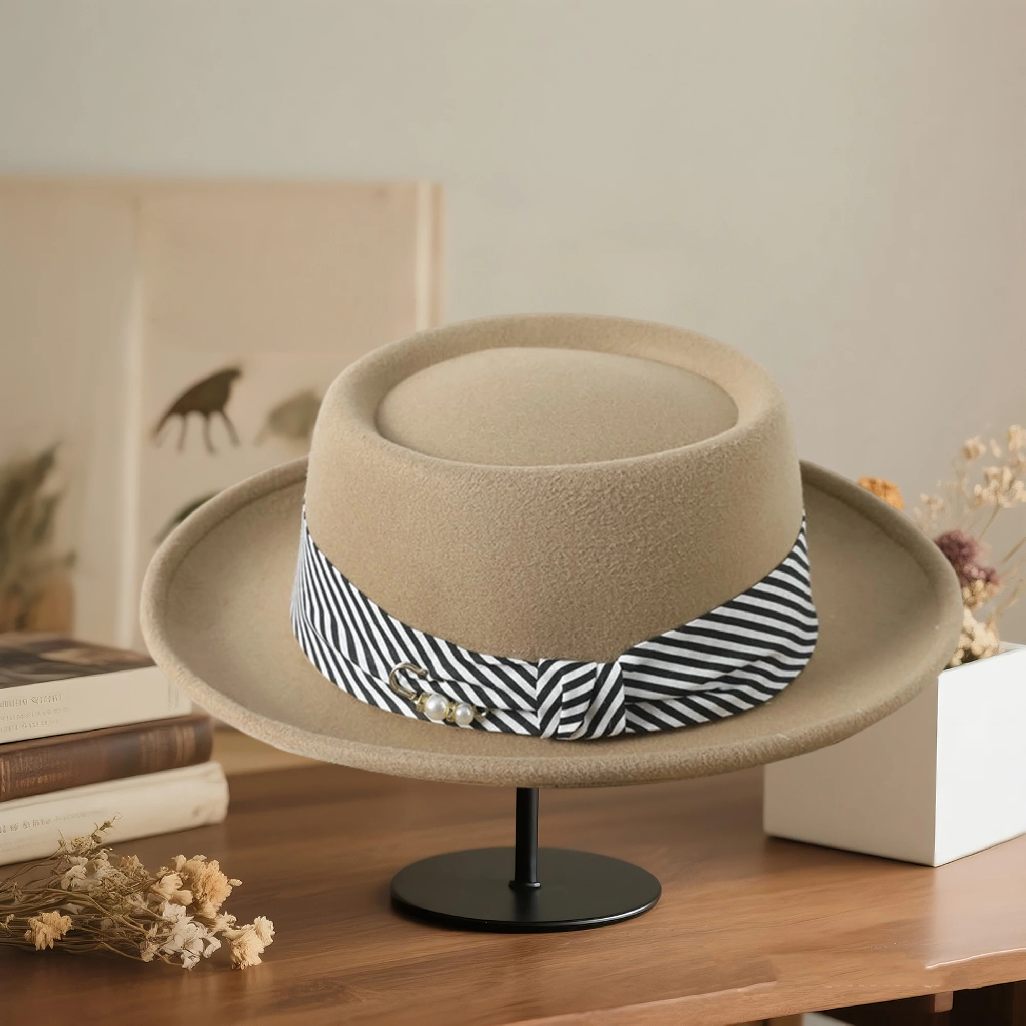Vintage Style Woolen Cloche Hat with Striped Belt and Curled Edge Detail Elegant Fedora Cap for Parties and Special Occasions