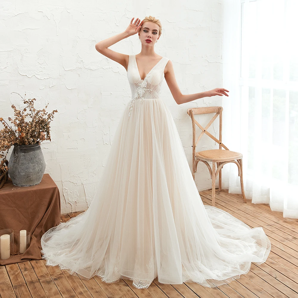 Boho Wedding Dresses for Women Sexy V-Neck A-Line Tulle Lace 3D Flower Formal Bohemia Bride Gown