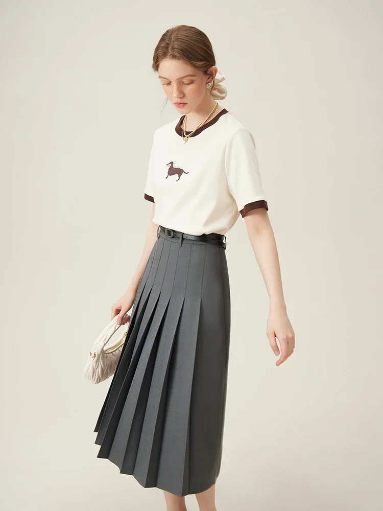 FSLE【3 Colors】Women Zipper Waist Office Lady Grey Skirts Pleated Design Navy Blue Color Summer Long Skirt 24FS12177