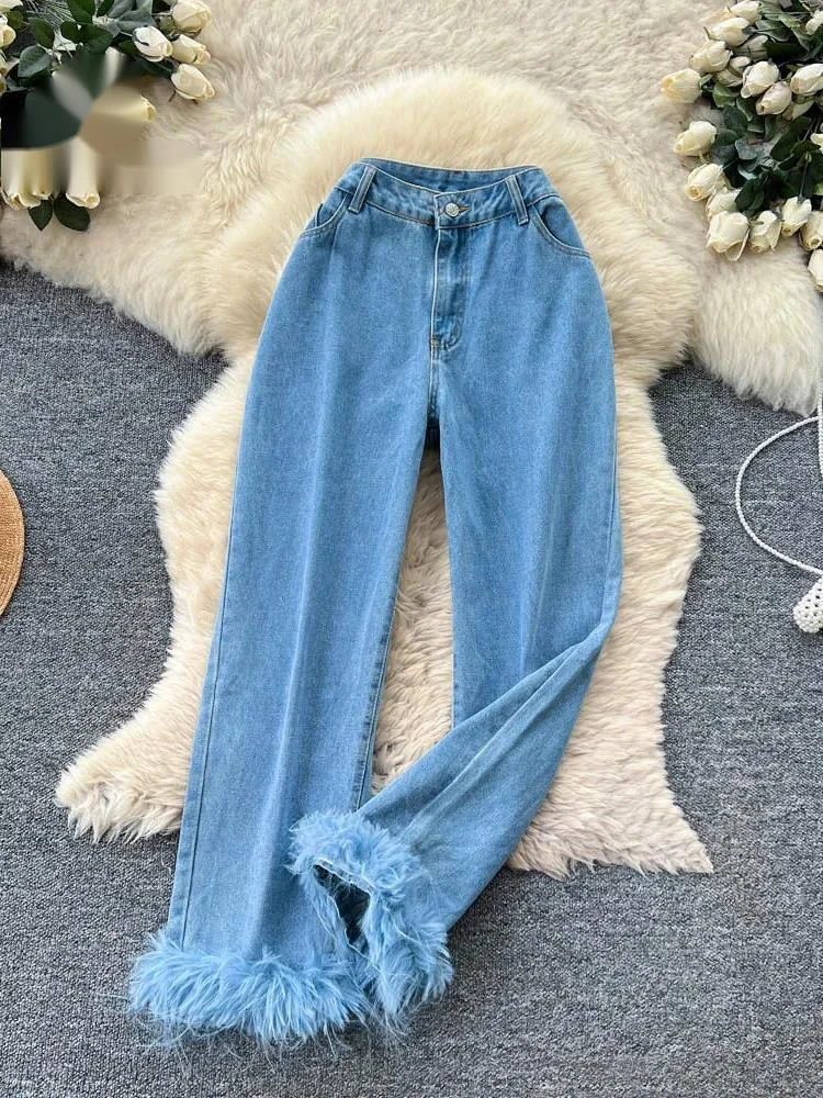 

Модные джинсы Fuzzy Fashion: дизайнерские, с эффектом пэчворк, приталенные, с карманами, для офиса, в стиле ретро, прямые брюки из денима