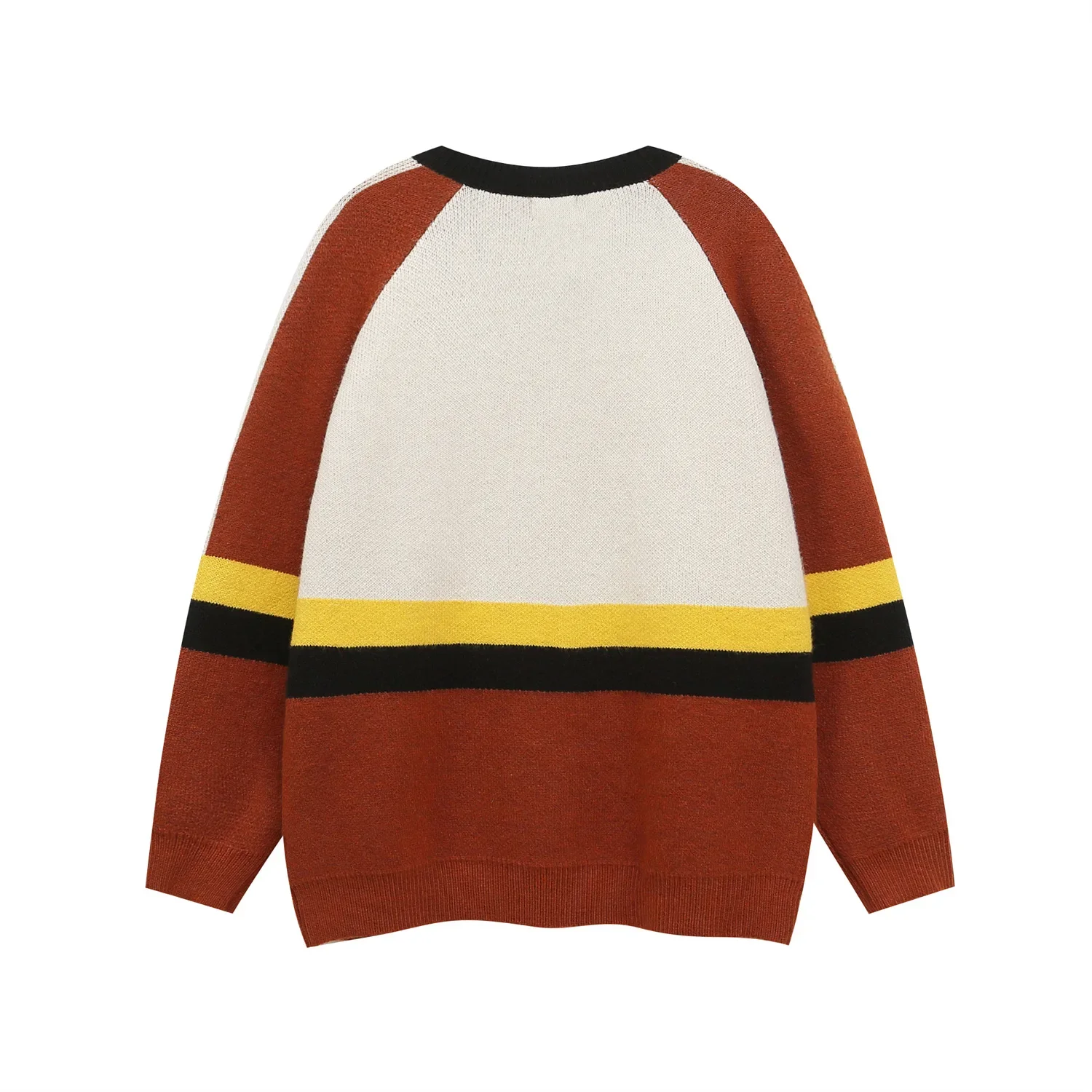 American Retro Fun Cartoon Contrasting Color V-neck  Long Sleeve Sweater Women Autumn New Loose and Versatile Casual Couple Top