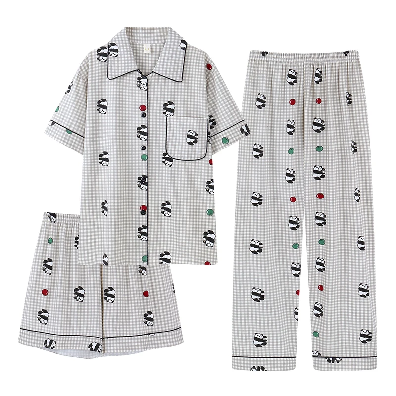 Lovely Animal Cartoon Sleepwear Women 3Pcs Cardigan Pajama Sets Japanese Casual Short Sleeves Korea Cute Plaid Women Homewear