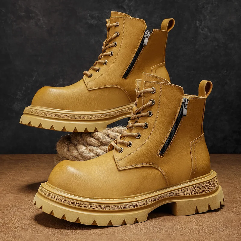 

2025 Новая повседневная модная тенденция на толстой подошве с высоким берцем в британском стиле, рабочая одежда, уличные повседневные ботинки, трендовая мужская обувь