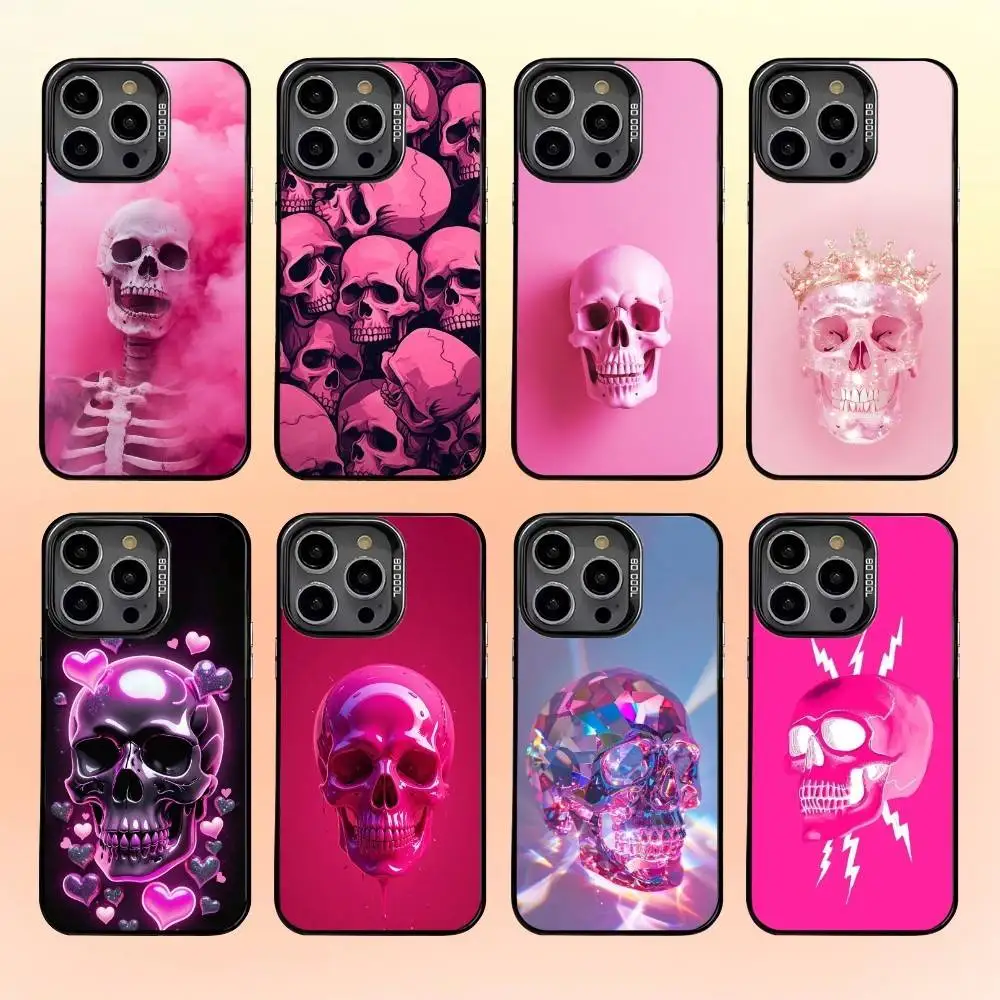 

Pink Skull Phone Case For iPhone16 15 14 13 12 Pro Max Grey Black Matte Laser Metallic Aurora Funda