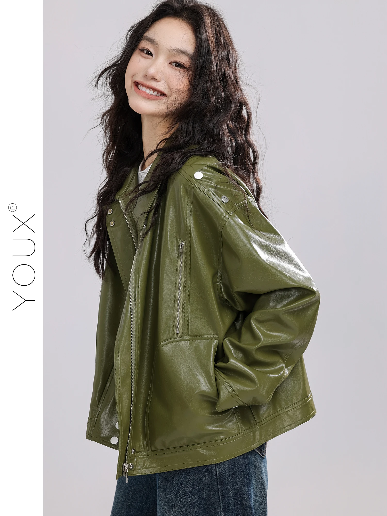 แจ็คเก็ตหนัง PU ลายไม้พุทรา แฟชั่นผู้หญิง ดีไซน์ใหม่สำหรับฤดูใบไม้ร่วง สไตล์ลำลอง แขนยาว มีซิป