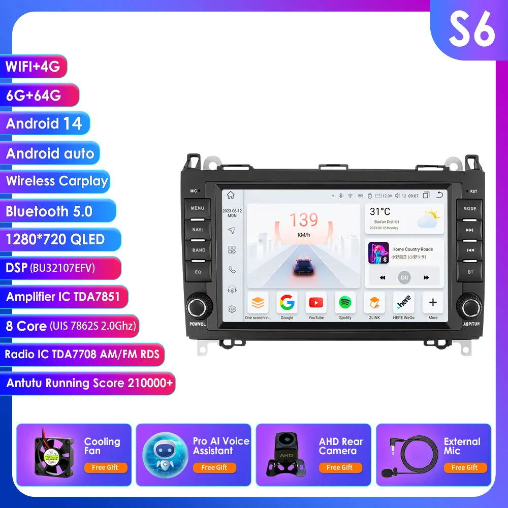 DSP Carplay 4G-LTE 8 ''Android 14 Autoradio Multimedia Speler voor Mercedes Benz W169 W245 B200 W906 Sprinter W639 Vito Autoradio