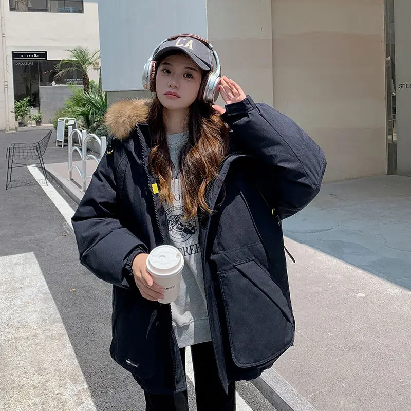 

2025 Women's Parka with Fur Collar Winter Military Jacket Thickened Down Cotton Coat Warm Padded Outerwear