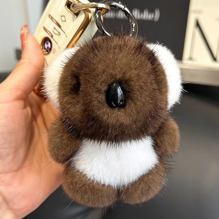 Koala Animal Shape Genuine  Mink Fur Keychain Backpack Bag Charm Brown Black Grey Color Cozy Unisex Handbag Decoration