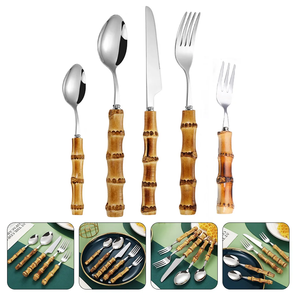 

Bamboo Cutlery Set Flatware Western Food Stainless Steel Spoon Steak Tableware Fork Kit Dinnerware Travel