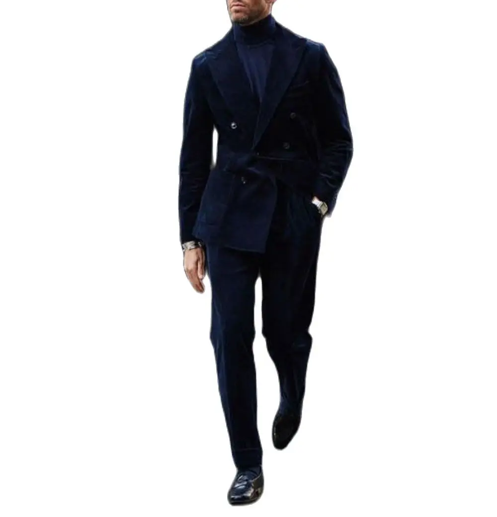 Dark Blue Men Suits Blazer Trousers Winter Thick Corduroy Suit Coat 2pcs Jacket Pants Peak Collar Men\'S Sets Business Suits Wear