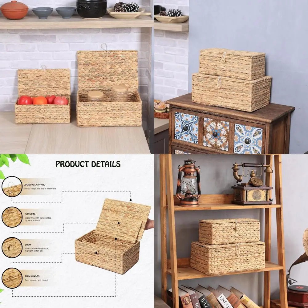 

Pair of Decorative Wicker Storage Baskets with Lids, Multipurpose Rattan Boxes for Home Organization and Shelves
