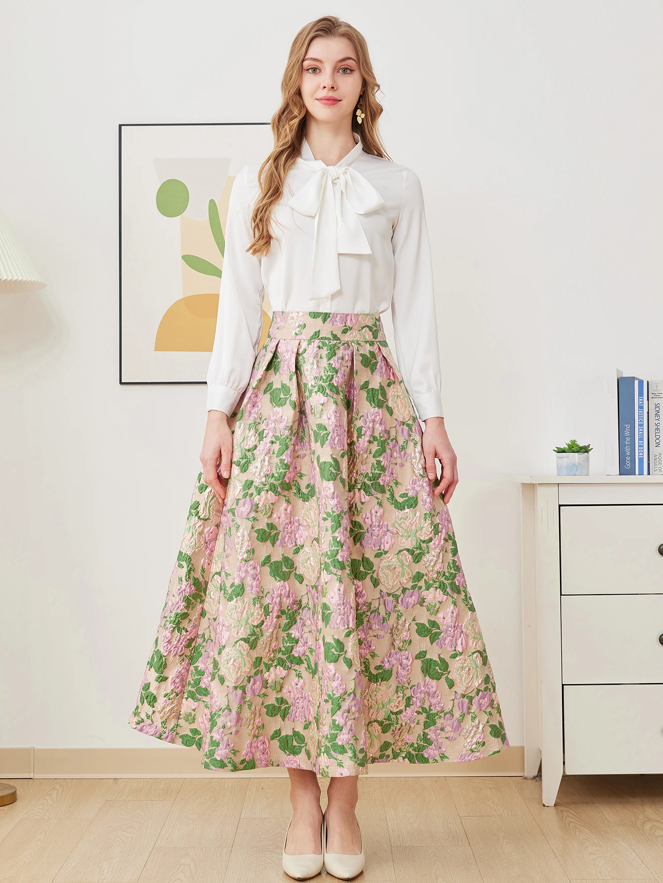 

DEVCHATA Elegant Shirt Skirt Set for Women Jacquard Fashion long Skirt 2 Piece pleated Skirts Suits Office Female Holiday Outfit