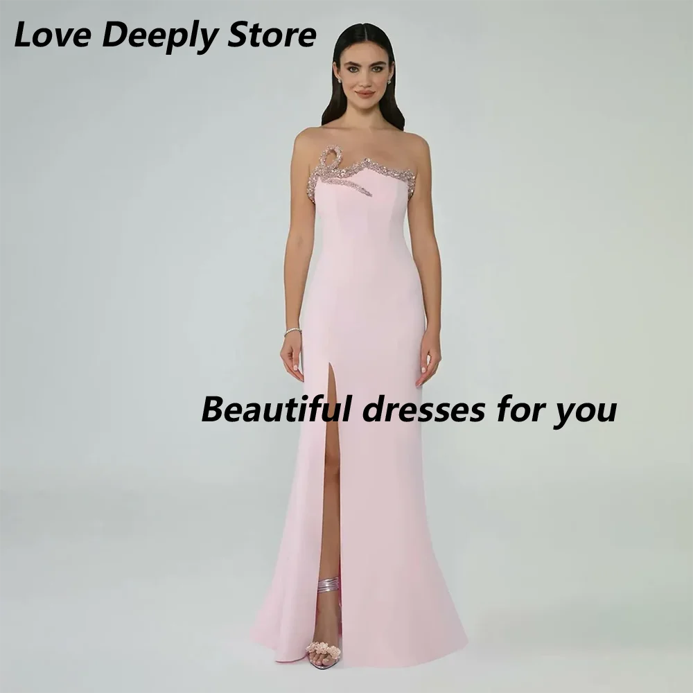 

Sexy Prom Dress for Women Strapless Crystal Luxury Prom Gowns Pink Jersey Thigh Slit Mermaid Eevning Dresses Customized