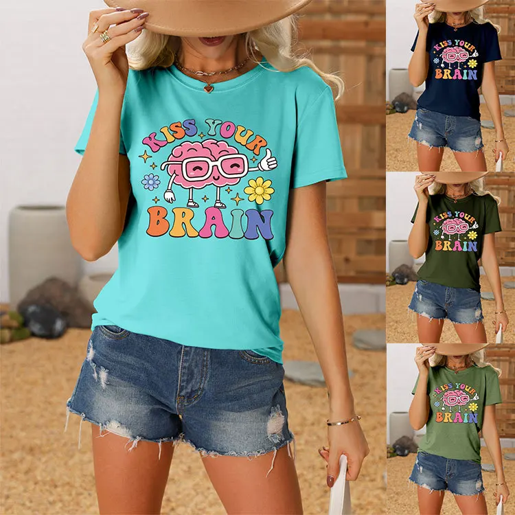 

Summer crew-neck women's fashion T-shirt kiss your brain color printed new loose short-sleeved casual top with all the trend pul