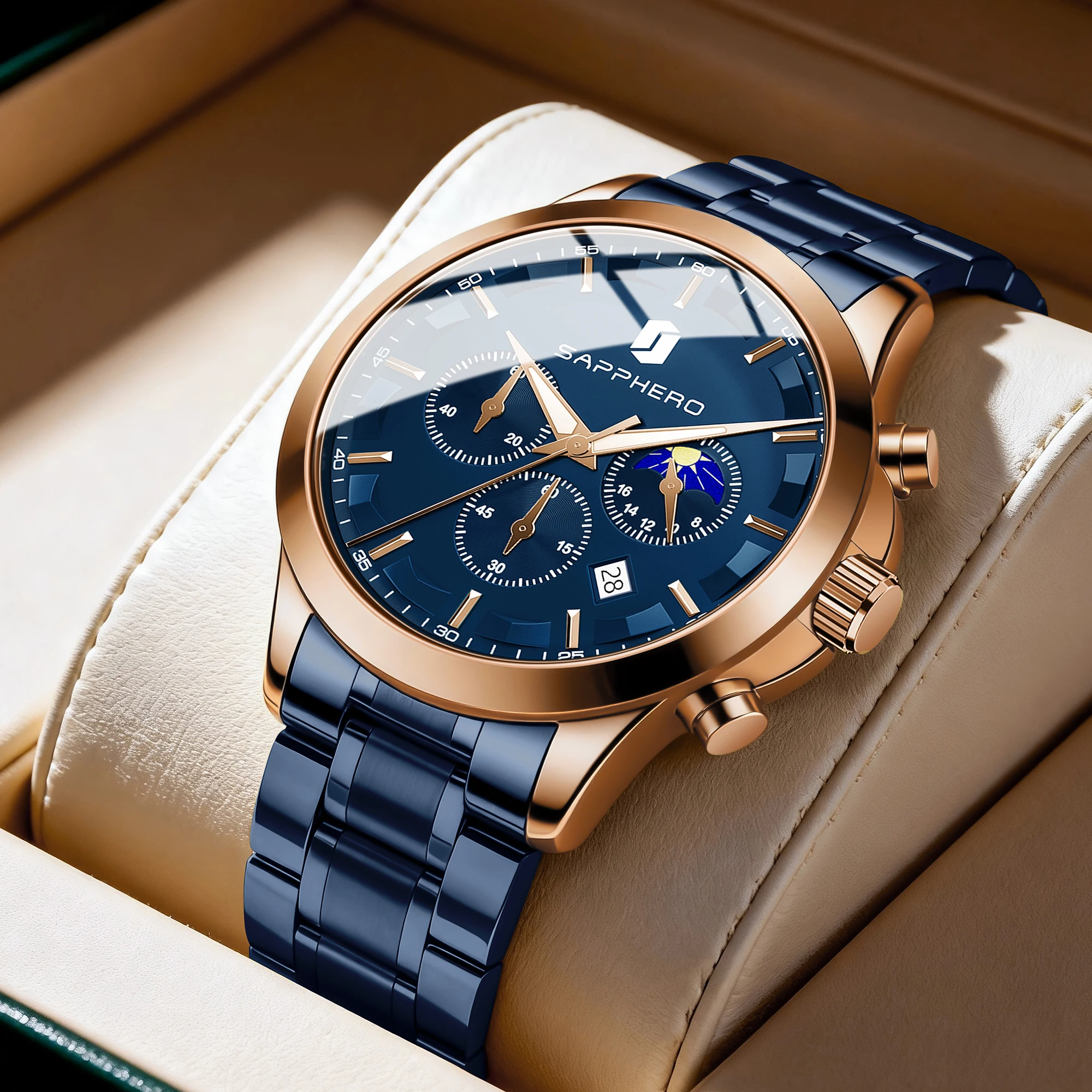 

SAPPHERO мужские деловые часы с ремешком из нержавеющей стали, дисплей даты и функция хронографа, водонепроницаемые мужские часы, часы из розового золота