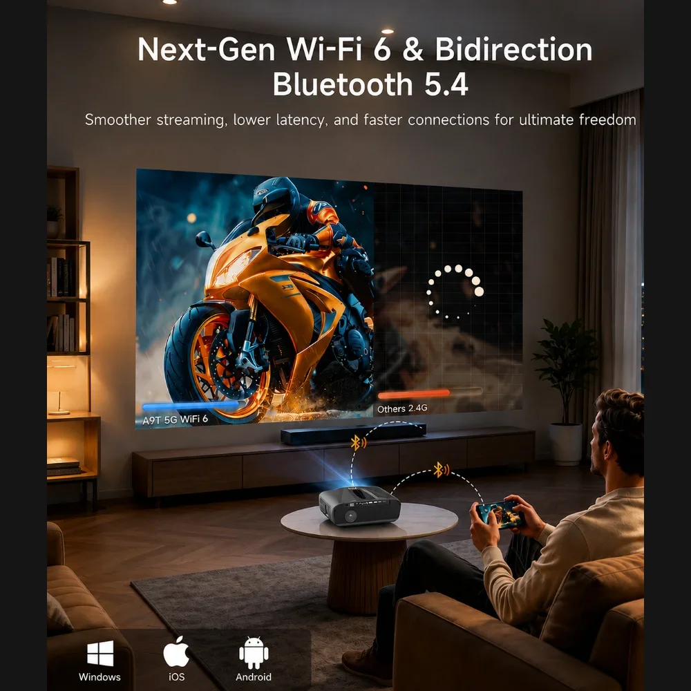 Projektor A9T obsługujący 4K, natywny rozdzielczość 1080P Full HD, inteligentny projektor Android, automatyczne ustawianie ostrości, WiFi6, Dolby Atmos, projektor do kina domowego. — zdjęcie produktu 5