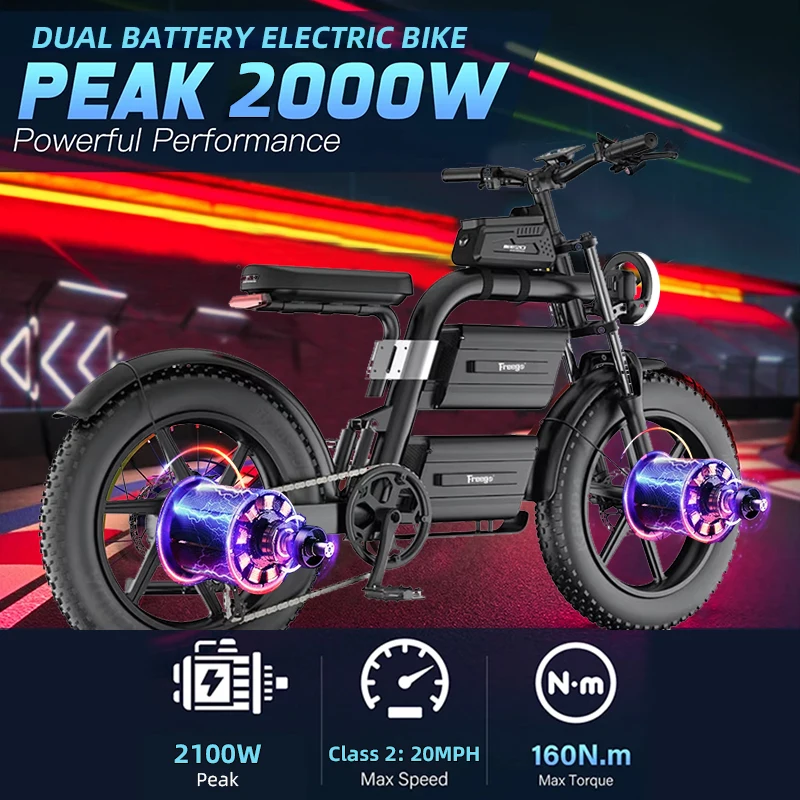 

FREEGO Electric Bike for Adults 2100W Peak 40Ah Dual Battery 37MPH Off Road Fat Tire Electric Motorcycle with Full Suspension