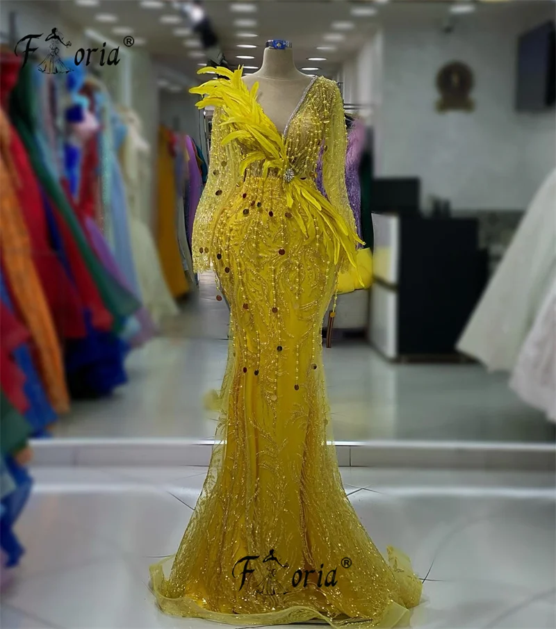 Vestido de noche de sirena con cuentas amarillas, manga larga, plumas, baile de graduación, borla, perla, encaje, elegante, vestidos de fiesta de boda personalizados, nuevo