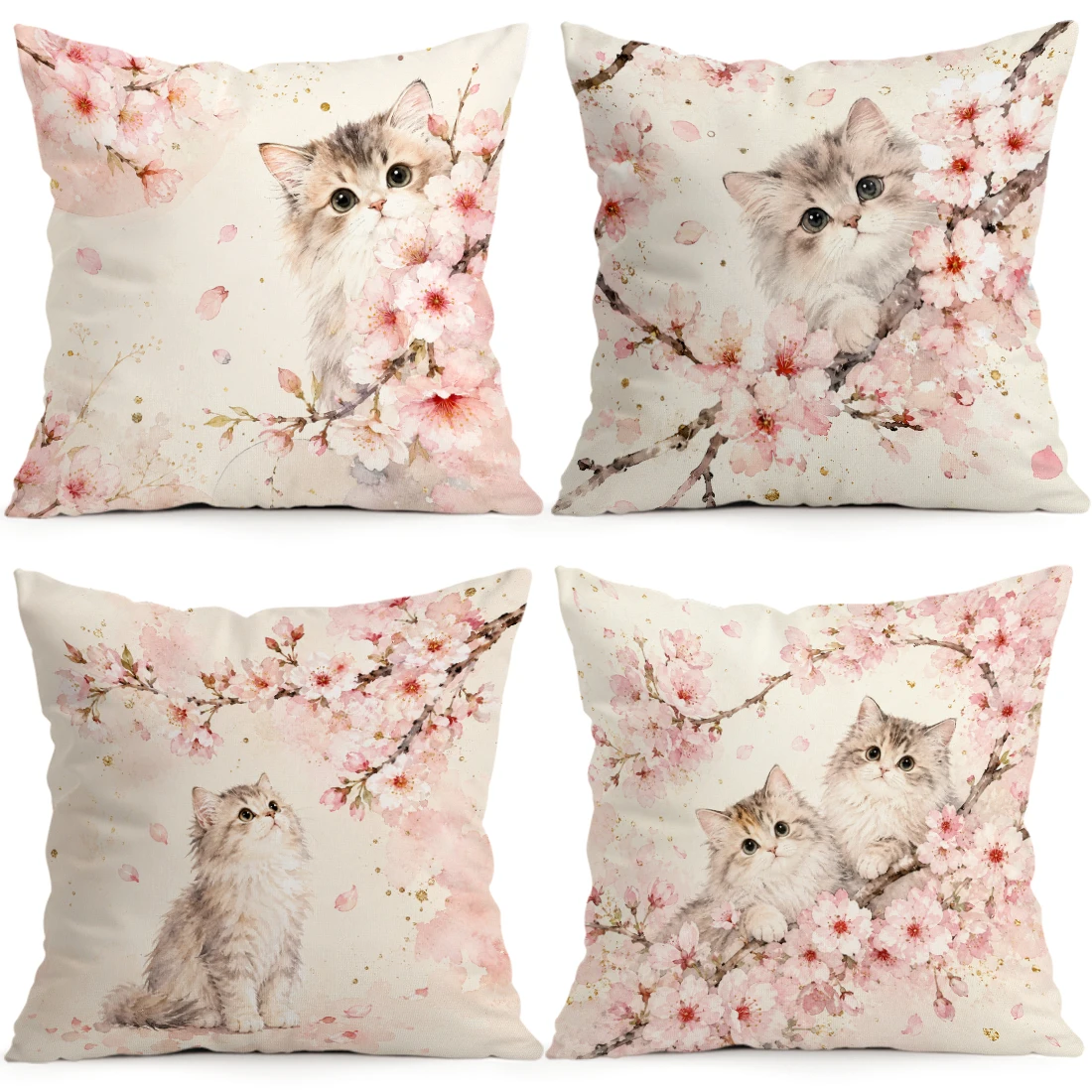1/4pcs Cherry Blossom Cat Cushions Pillowcase Polyester Cushion Cover Throw Pillow Pillowcover Home Car Sofa Decor