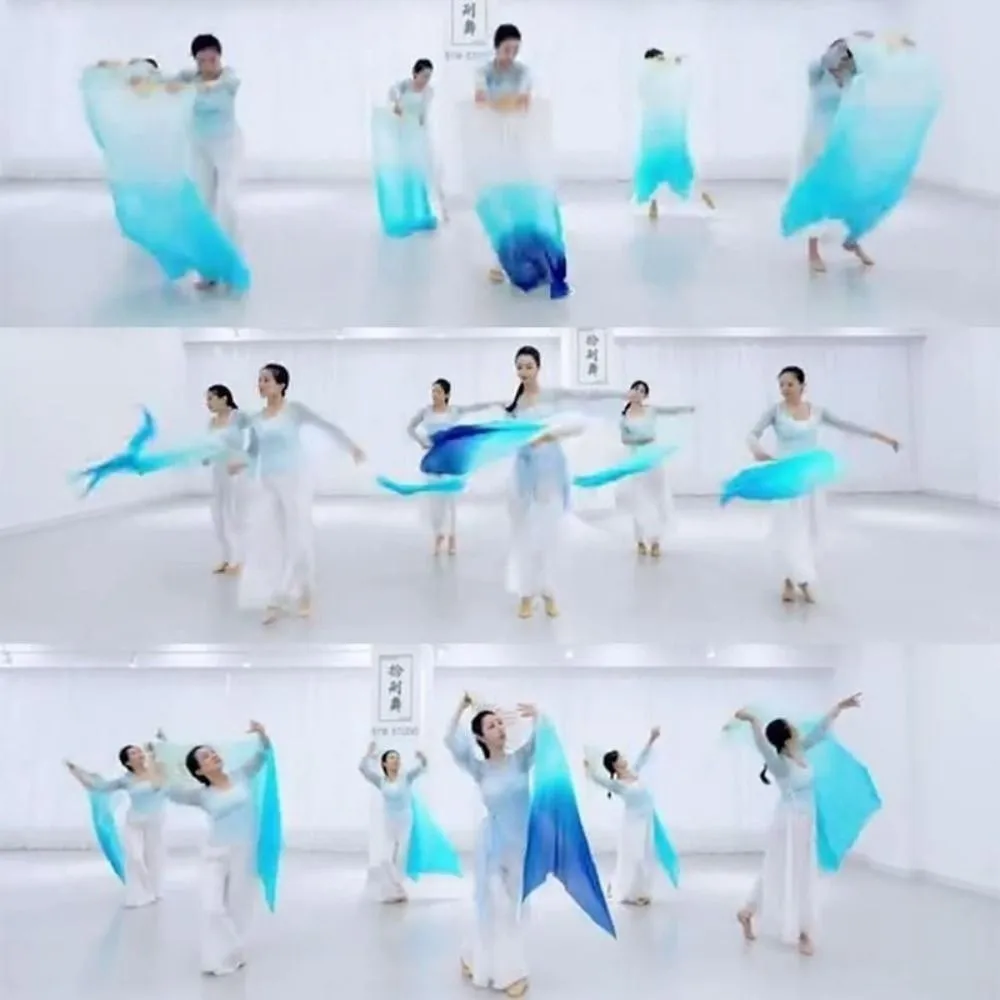 120/150/180cm Kid Women Belly Dancing Fan Right&Left Hands Tricolor Gradient Gradient Color Dancer Fan Light Blue/Blue