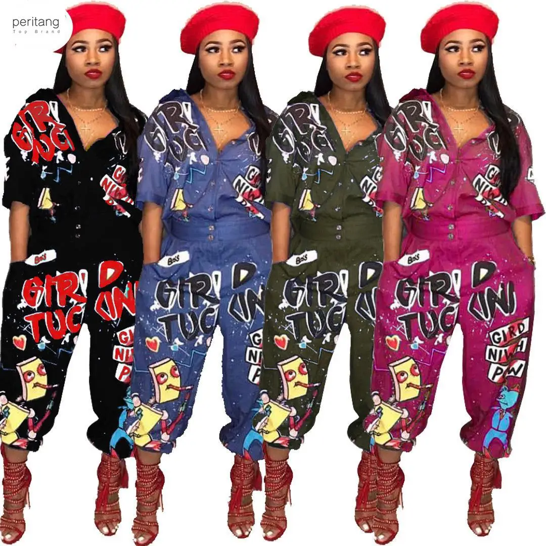 Sexy Letter Print Flared Leg Jumpsuit Outfits Women Y2K Button Up Short Sleeve Jumpsuit 2024 Summer Streetwear Wholesale