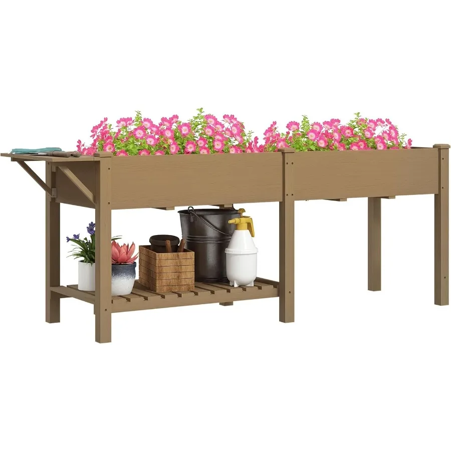 

Raised Garden Bed Wood Elevated Planter Box with Side Table Bottom Shelf Outdoor Raised Planter with Bed Liners Drainage Holes