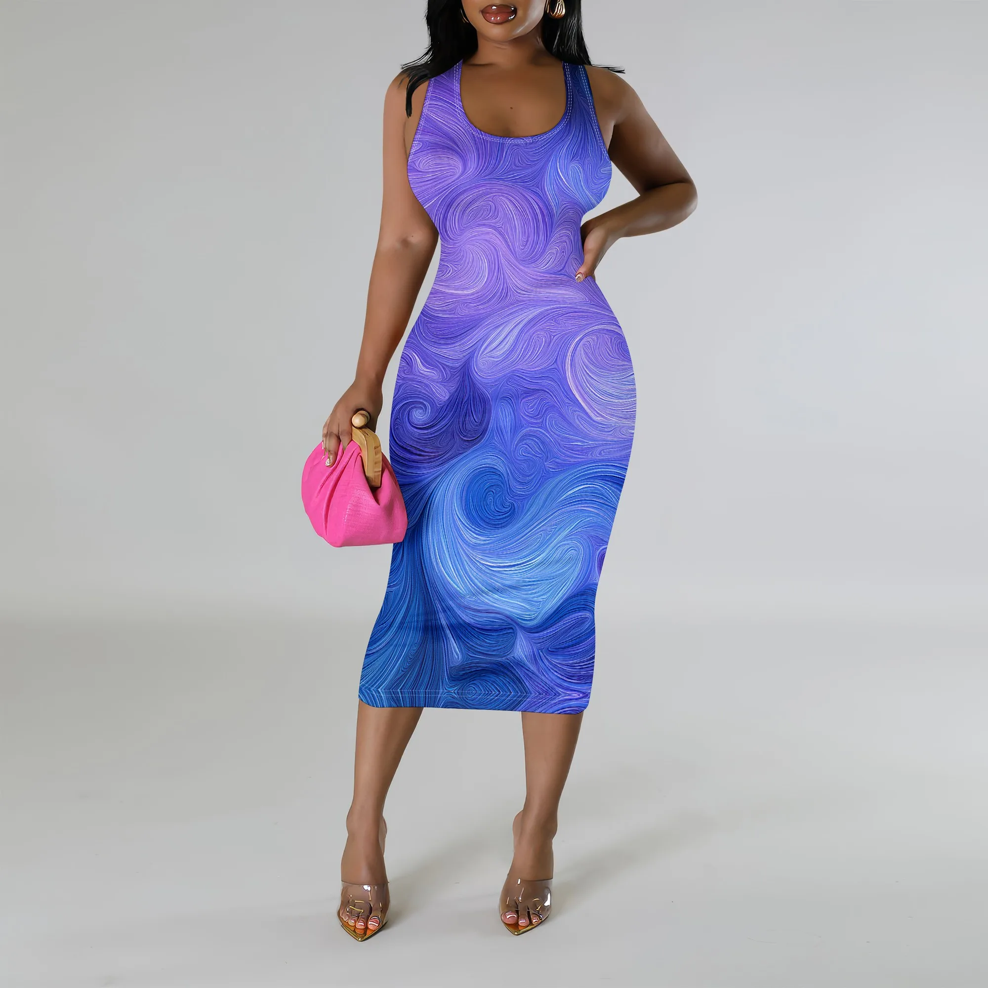

Purple Blue Swirl Print Bodycon Midi Dress XS‑3XL Sleeveless Tank Style for Club Night, Summer Streetwear or Art Party Look