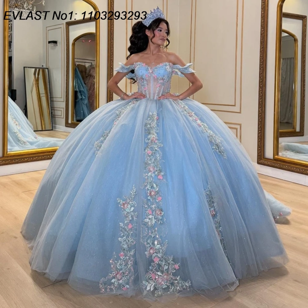 

Индивидуальное мексиканское синее платье EVLAST для Quinceañera, бальное платье с 3D цветочными аппликациями и кристаллами, расшитое бисером, для Sweet 16, Vestidos De 15 Anos AQ96