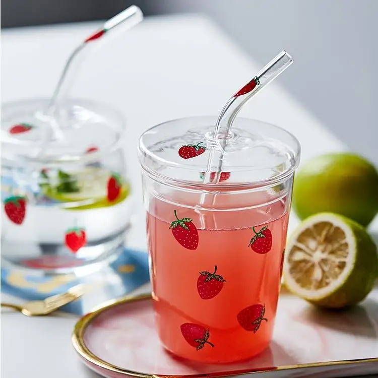 Cute Strawberry Glass  Heat Resistant Coffee Milk Water Cups With Lid and Straw Clear Cute Juice Smoothie Cold Drinks Straw Cup