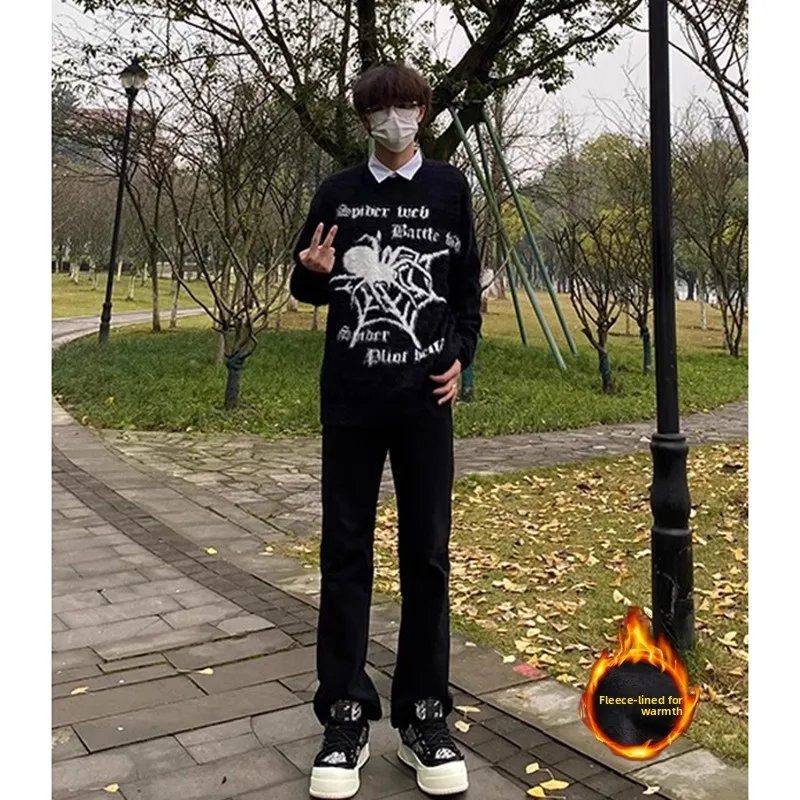 

Модные мужские джинсы прямого кроя с флисовой подкладкой в американском стиле, для стройного силуэта, больших размеров, молодежные, зимние, из смесового хлопка