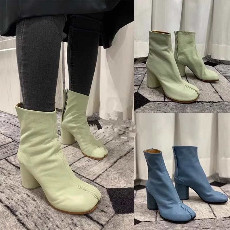 Green Ninja Tabi Boots Female Shoes Women Split Toe Ankle Boots Leather Round Heels Shoes Short Woman Boots Short Heels Blue