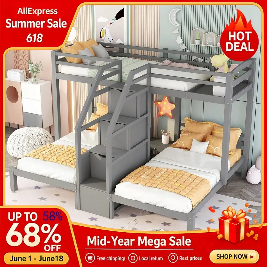 

Bellemave Triple Bunk Bed with Stairs and Drawers, Wood LShaped Corner Bunk Bed for 3, Saving Spcae, Gray, Custom
