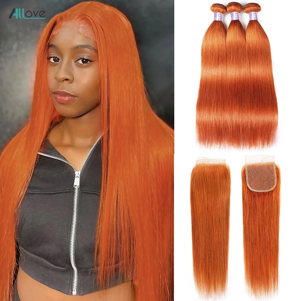 Allove Ginger Bundles With Closure Brazilian Straight Human Hair Bundles Orange Colored 3 Bundles Human Hair With 4x4 Closure