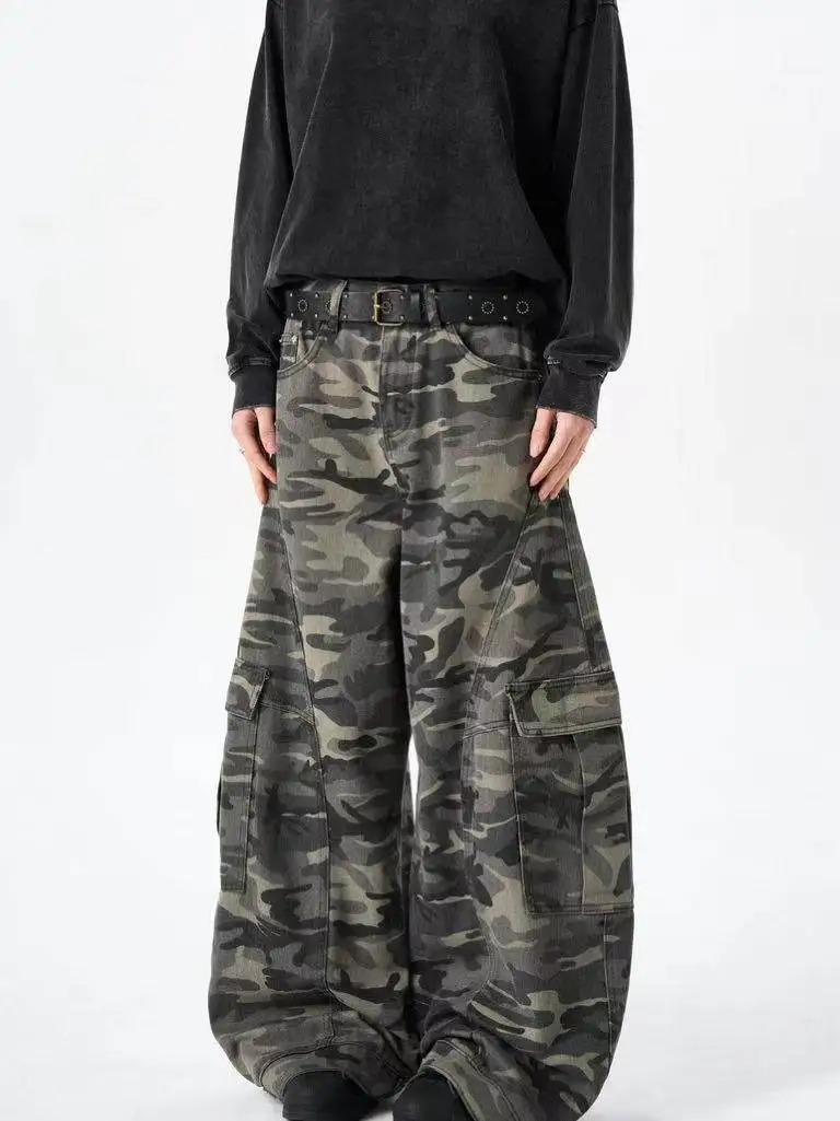 Amerikaanse retro camouflagemesjeans met wijde pijpen ex Loose Fit werkkleding High Street Trend Jeugd Casual katoenen denim