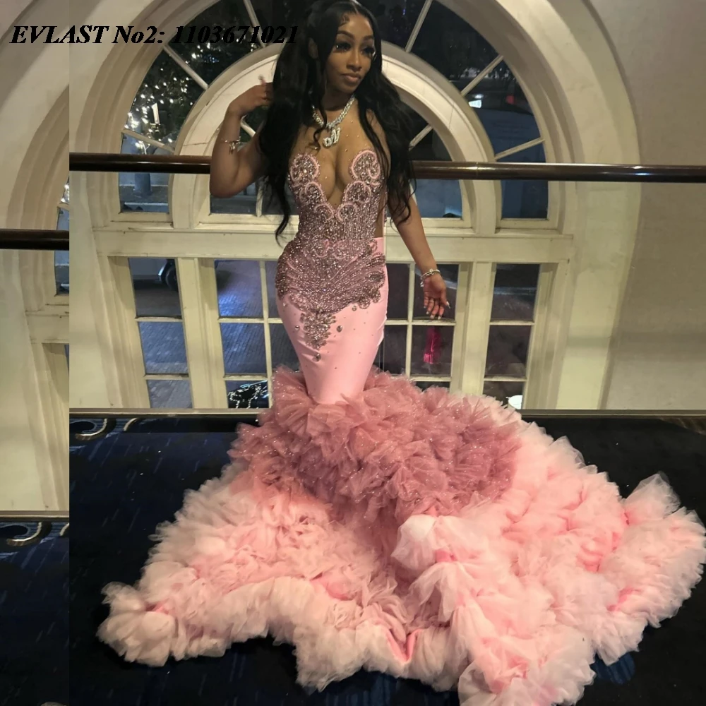 EVLAST Customized African Pink Long Prom Dress For Black Girls Silver Sequins Beading Ruffles Tiered Party Evening Gown E2P83