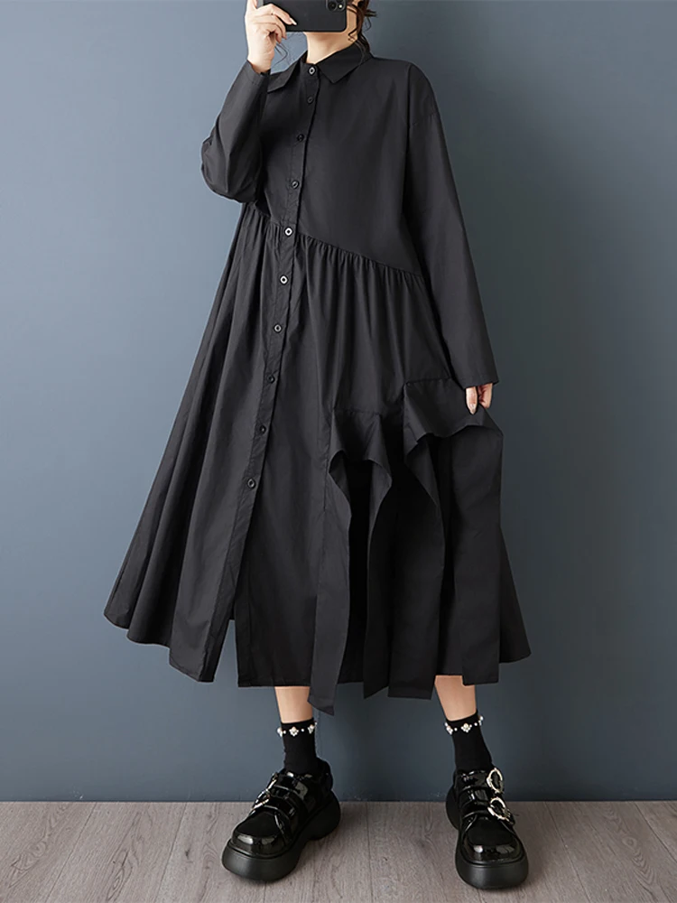 NYFS losse plus size effen lange jurk lente herfst 2026 vintage damesgewaad shirtjurk met lange mouwen