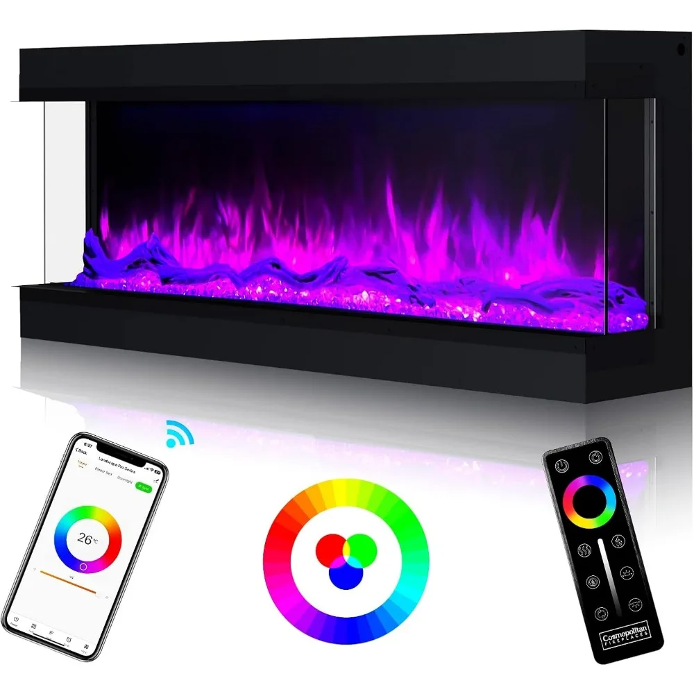 56 inch 3 Sided Electric Fireplace Insert, Smart Wi-Fi Wall Mount/Built-in Fireplaces,  Low Noise 3000/1500Watt Fireplace Heater