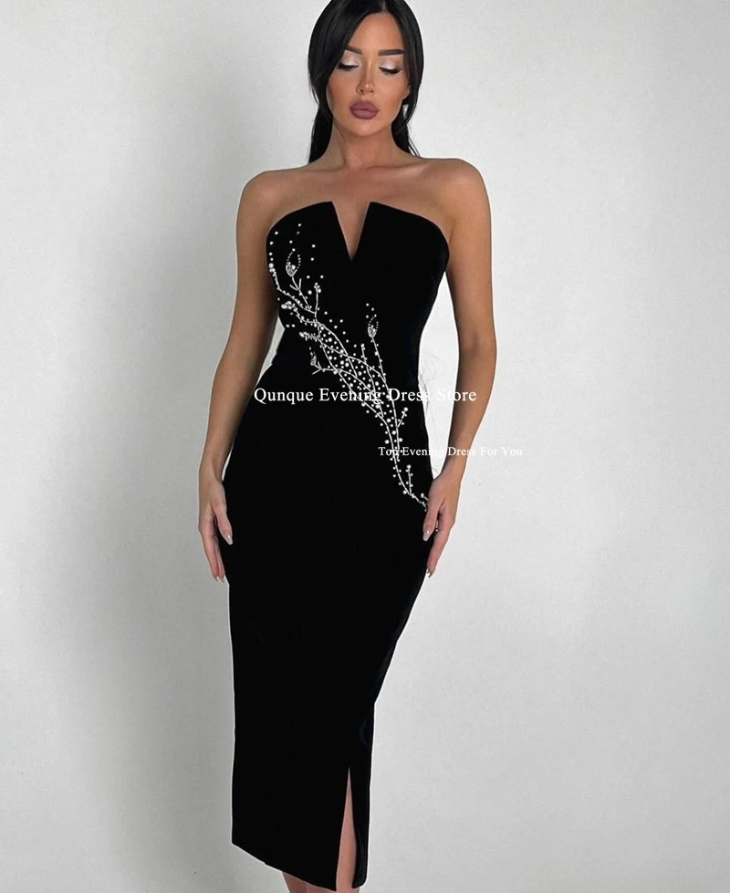 Qunque Luxury Black Evening Dress Customized Off Shoulder V-neck Party Dress Sparkly Crystals Mermaid Prom Gowns Formal Dress