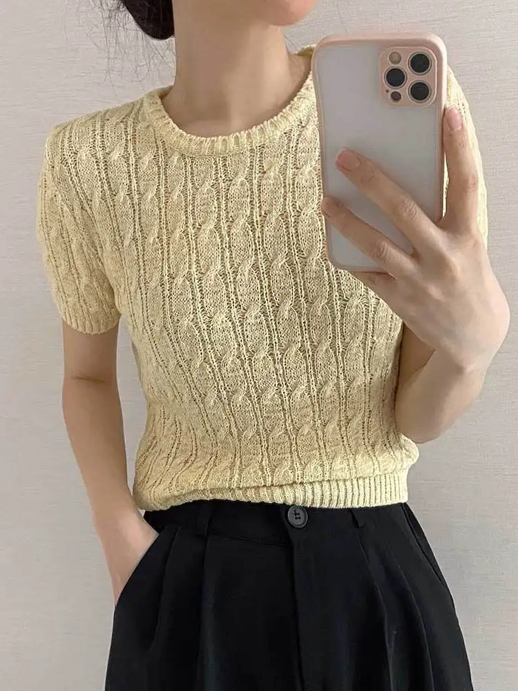 

Chic Knitted ort Sve round Ne T-irt Women's Summer Versatile Thin Knitwear Casual Comfortable Pullover Top