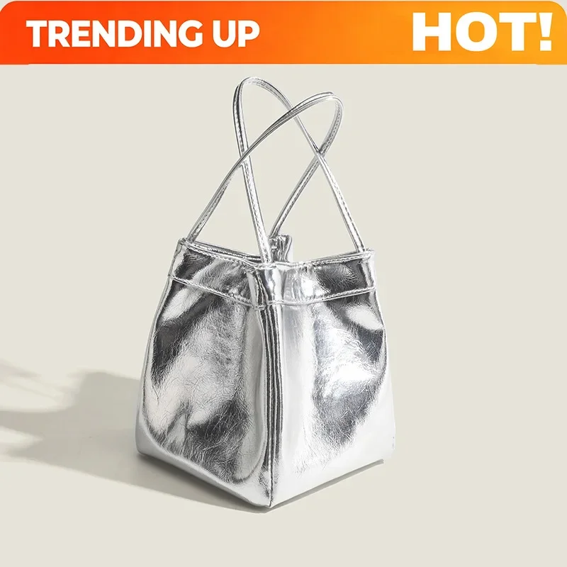 Silver Bucket Bag For Women 2025New Fashionable And Simple Lunch Box Bag Niche Western-style Texture Hand-held Small Bag